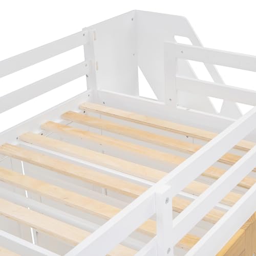 Wooden Twin Size Loft Bed with Two-Tone Stairs Storage, Solid Wood Loft Bed Frame with Full-Length Guardrails Twin Size Loft Bed with Pull-Out Wardrobes, for Kids Teens Adults, No Box Spring Needed