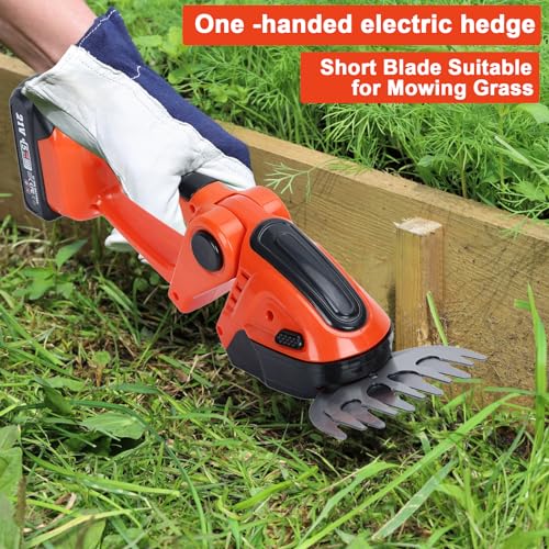 Cordless Hedge Trimmer & Grass Shears, 2 in 1 Electric Shrub Trimmer Handheld Grass Cutter, 21V Lightweight Hedge Clippers with Battery and Charger for Garden and Lawn (Orange)