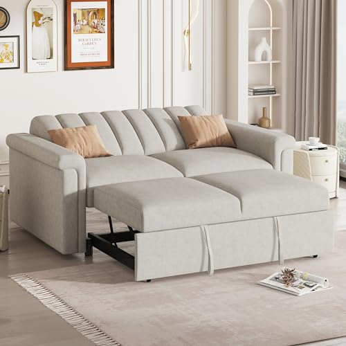 3 in 1 Convertible Sleeper Sofa Bed, Versatile Double Sofa with Pullout Bed with Adjustable Backrest, Futon Couch, Loveseat Sofa, Convertible Sofa, Recliner, Bed, for Living Room,Beige