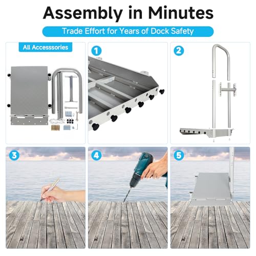 Folding Boat Boarding Platform with Handrail – Anti-Rust Dock Steps for Lake, 500lbs Capacity, Non-Slip Surface, Ground Lock & Bumper Strip – Dock Ramp for Boats, Pontoons, Yachts