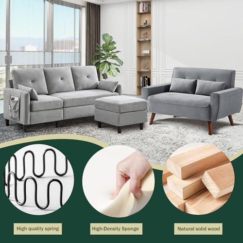 77" Convertible Sectional Sofa Set, Small L Shaped 3-Seat Couch with Reversible Chaise and Loveseat Sofa, Modern Linen Sofas Couches for Living Room, LightGrey