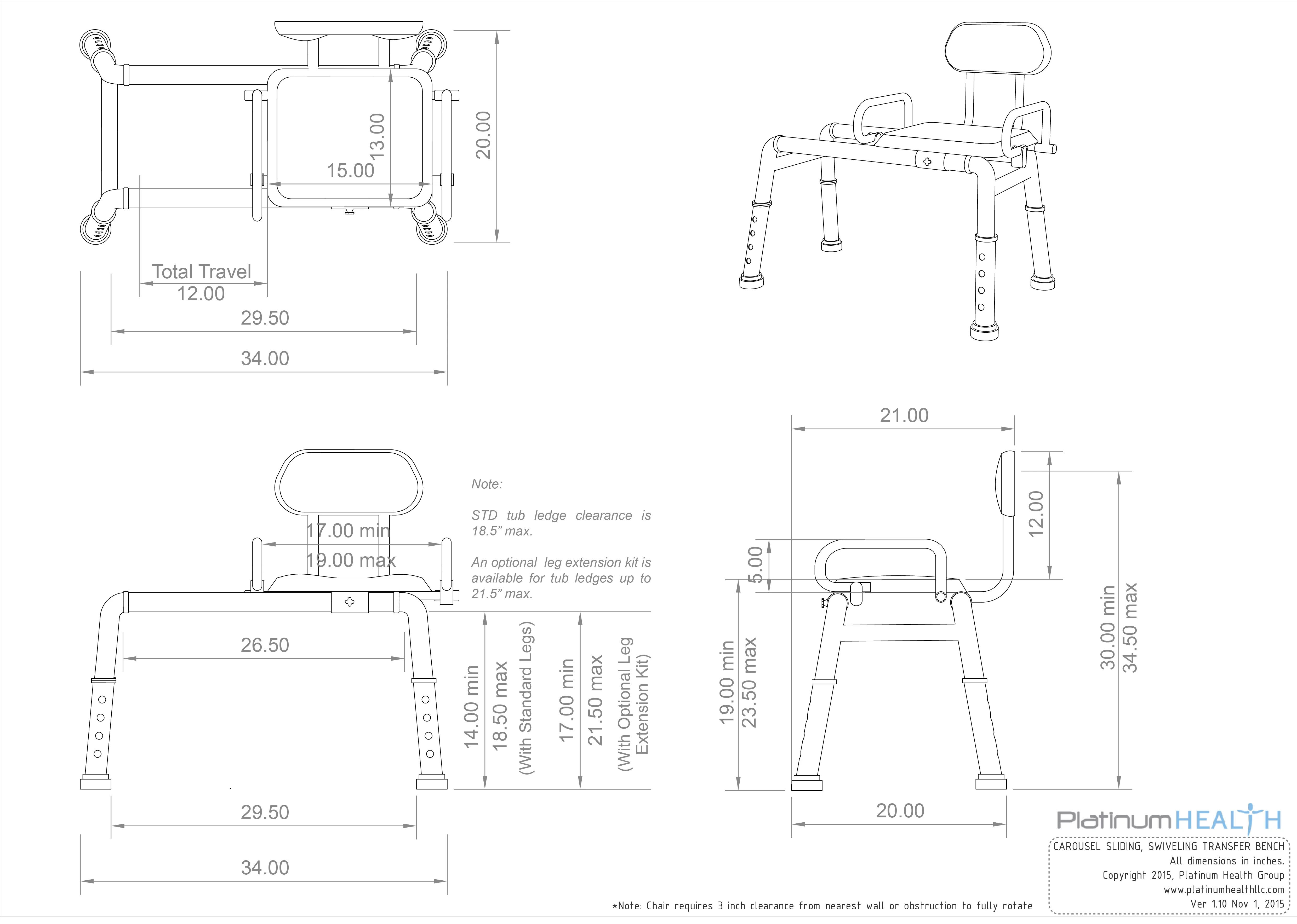 Platinum Health CAROUSEL Sliding Transfer Bench with Swivel Seat PREMIUM Padded Bath Shower Chair with Pivoting Arms