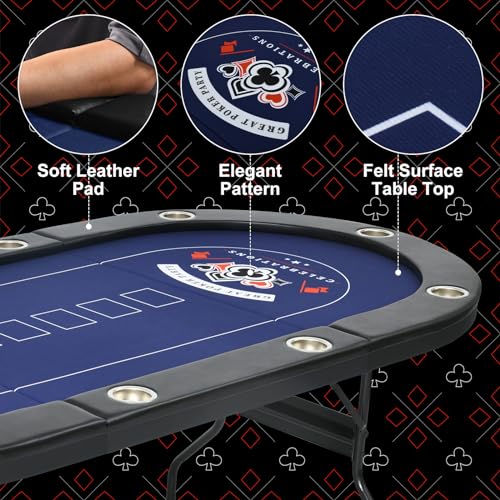 84" Poker Table Foldable, 10 Player Portable Casino Leisure Texas Holdem Table, Folding Game Table with Padded Rails and Cup Holders for Texas Card, Blackjack Board Game（Black (Black)