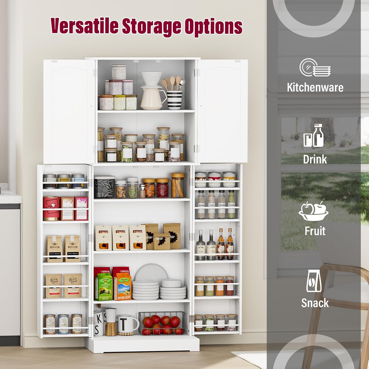HOME BI 64" Kitchen Pantry Cabinet, Tall Freestanding Pantry Storage Cabinet, Food Pantry Cabinets with Doors and Shelves for Home Kitchen, Dining Room, Living Room, White