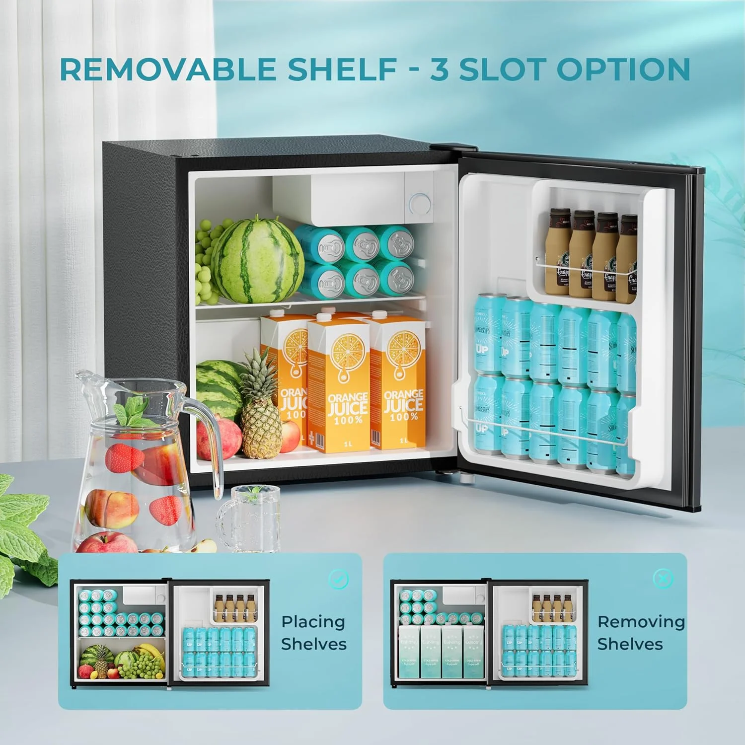 U-SHARE 1.7 Cu.Ft Mini Fridge with Freezer, Reversible Single Door Compact Refrigerator, Adjustable Thermostat, Energy Saving, Mini Fridge for Bedroom, Office, Dorm, Black.