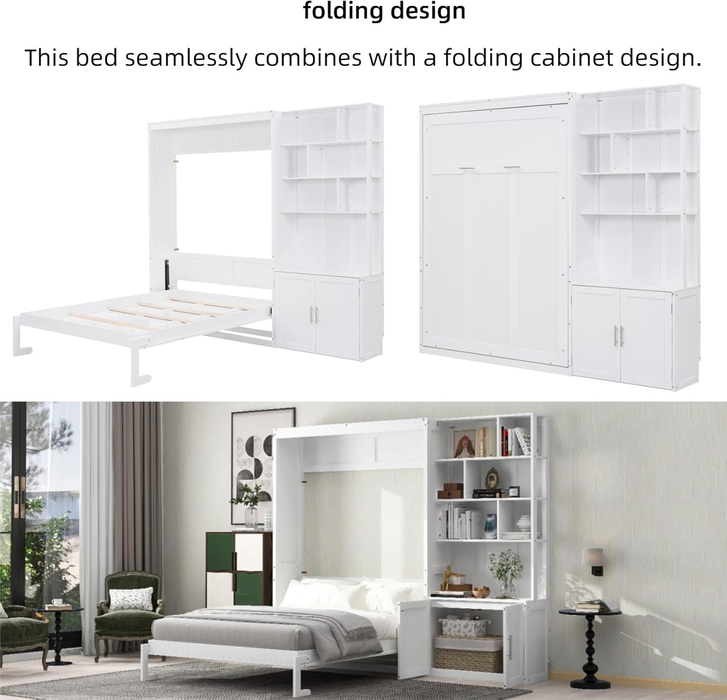 Merax Full Size Murphy Bed Cabinet with Multiple Storage Shelves, Wood Foldable Hidden Wall Platform Bedframe Chest for Home, Bedroom, Office, Small Room, Apartment, white