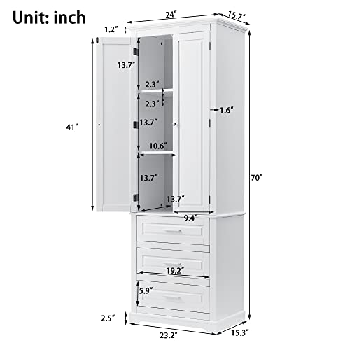 Tall Bathroom Storage Cabinet with 2 Door, Freestanding Floor Cabinet with 3 Drawers and Adjustable Shelves, Large White Linen Cabinet for Bathroom, Kitchen, Living Room