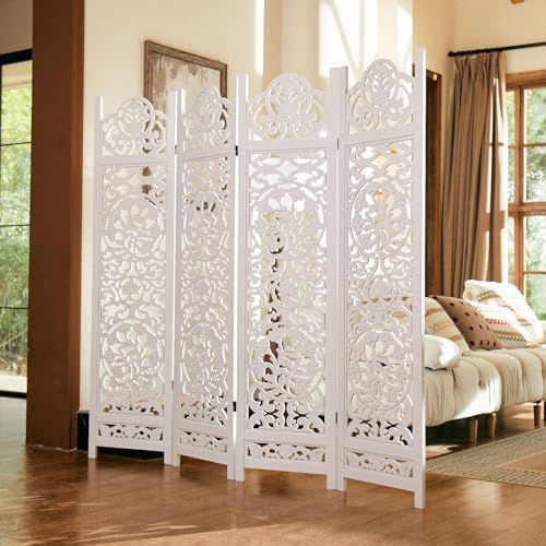 5.75Ft Room Divider Wood Carved Wall Divider Indoor Folding Portable Partition Screen for Home Office Garden Terrace - 4 Panel (Antique Brown)
