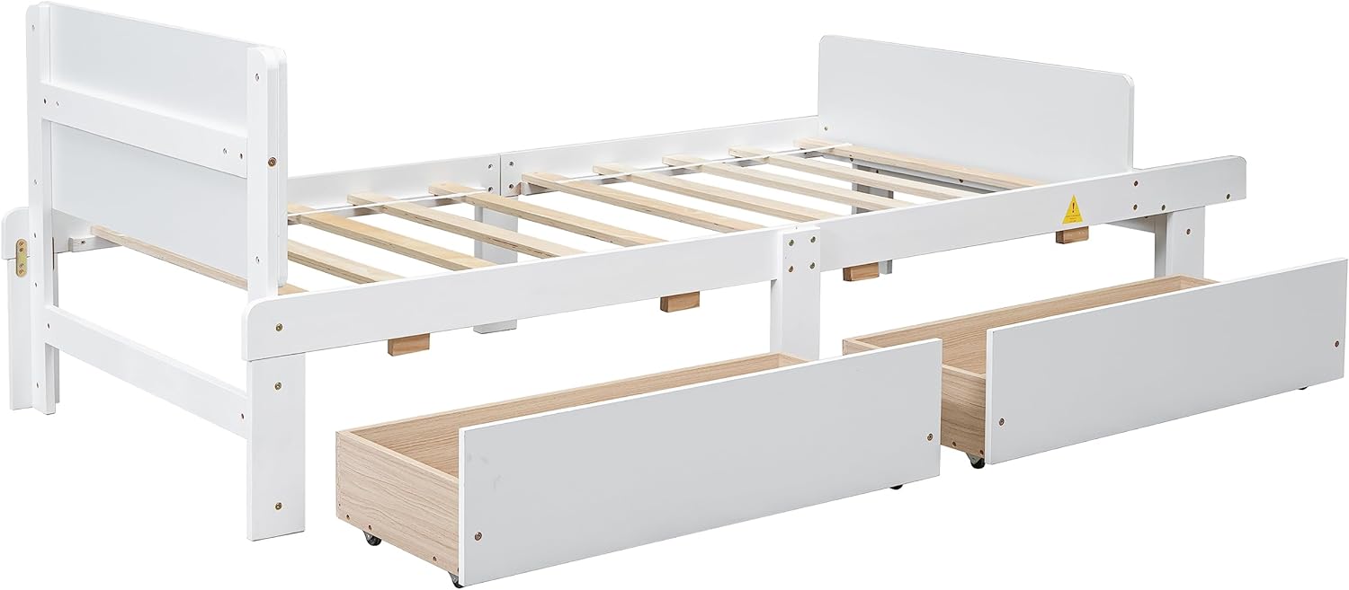Bellemave Twin Size Platform Bed with Footboard Bench, Low Platform Bed Frame with Storage Drawers for Kids Boys Girls,Solid Wood Twin Bed Frame (Twin,White)