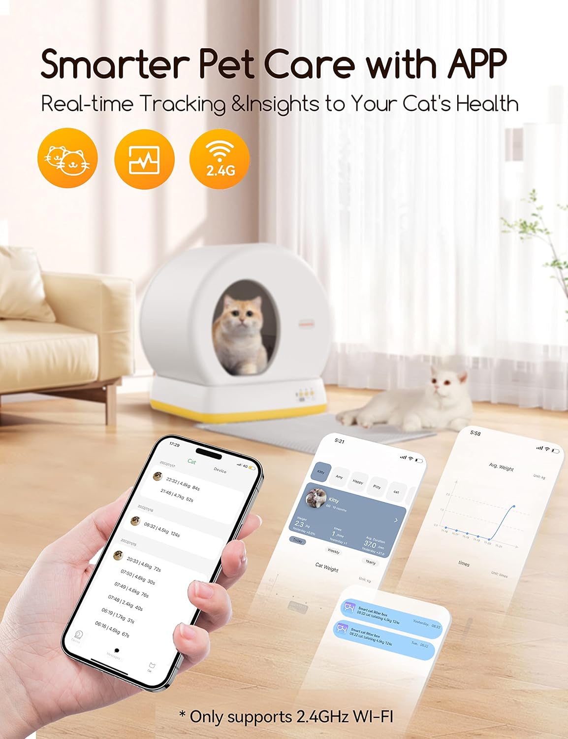 MeoWant Self-Cleaning Cat Litter Box-Yellow, Advanced Safety System Automatic Cat Litter Box Perfect for Multi Cats, Extra Large/Odor Control/APP Control Smart Cat Litter Box with Mat & Liner