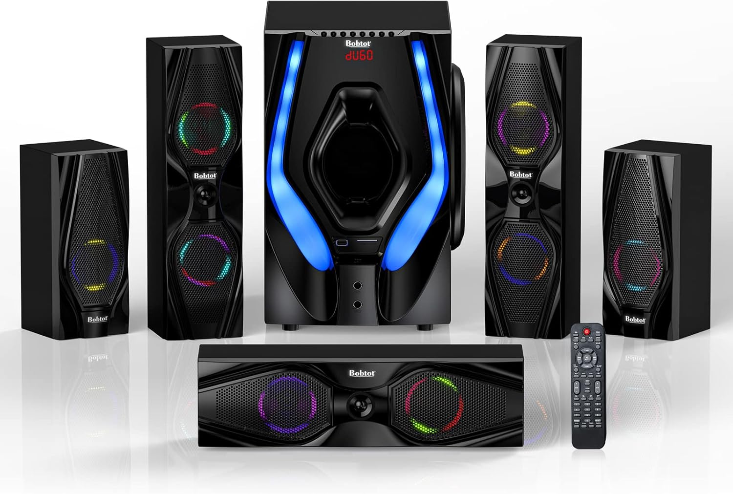 Bobtot Surround Sound Speakers 1200W Peak Power Home Theater System with RGB Lights - 10" Subwoofer 5.1/2.1 Wired Stereo System Strong Bass Bluetooth Input Home Audio System