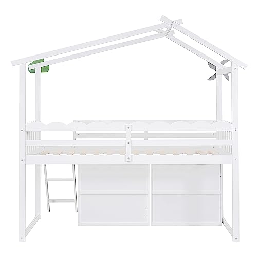 CITYLIGHT Twin Size House Loft Bed with Storage Cabinet and 3 Drawers, Wood Loft Bed Twin with Roof, Blackboards and Guardrail, Kids Playhouse Bed Twin for Teens, Boys, Girls, Grey