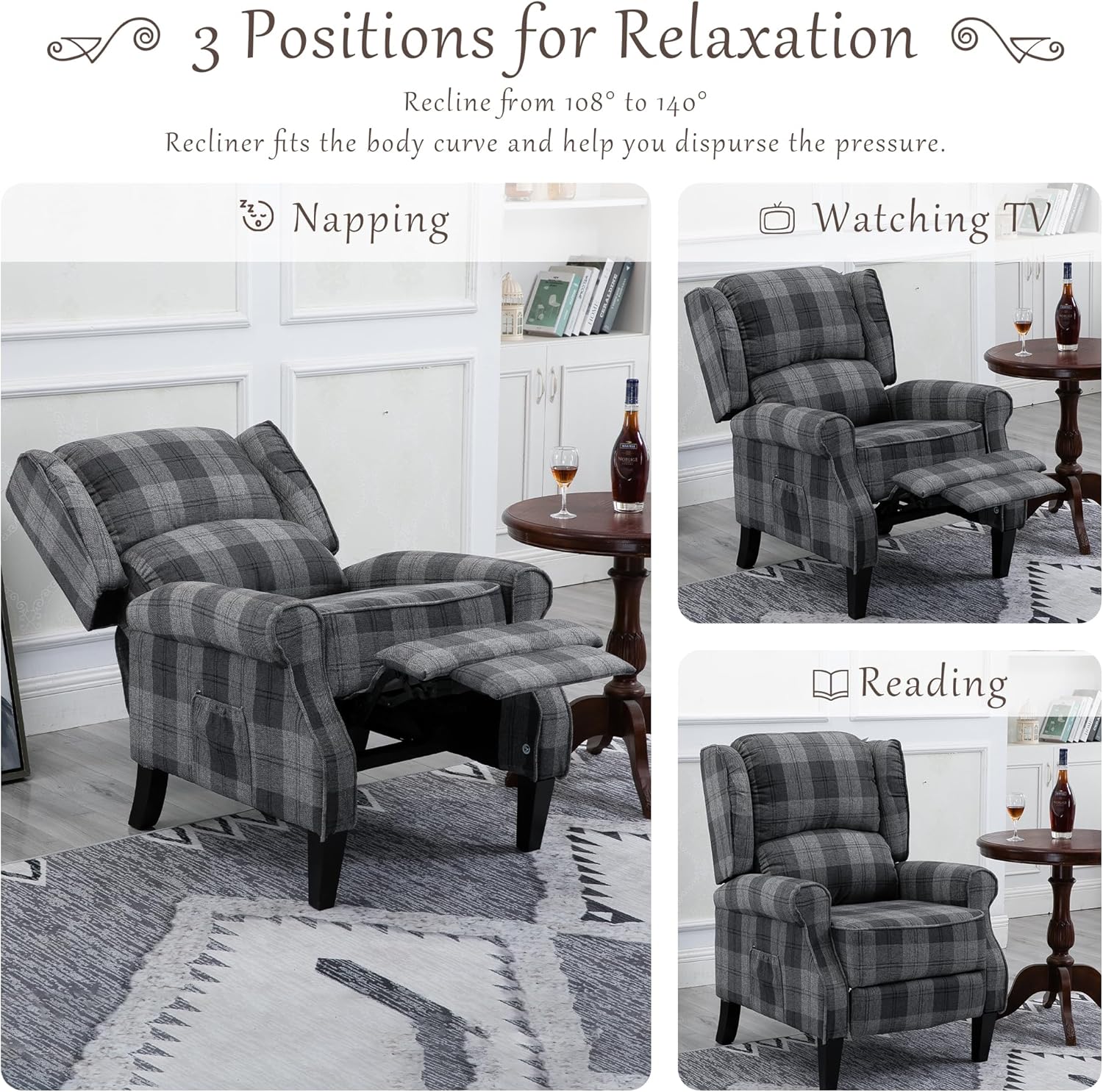 Modern Comfortable Upholstered Leisure Chair Multifunctional Recliner Chair Single Sofa with Footrest Small Recliner Chair for Small Spaces,Grey Check