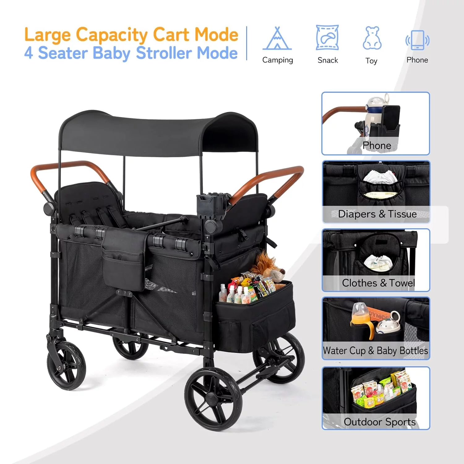 JOYMOR Quad Pro Stroller Wagon for 4 Infants, Bus Seating, Double Side Handles, Phone Holder, Unisex
