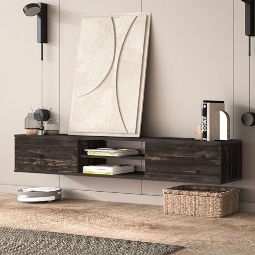 Atelier Mobili Floating TV Stand, 70 inch TV Stand for 75 inch TV, Floating TV Stand Wall Mounted, Floating Entertainment Center, TV Stands for Living Room, Black TV Stand (Black Oak)