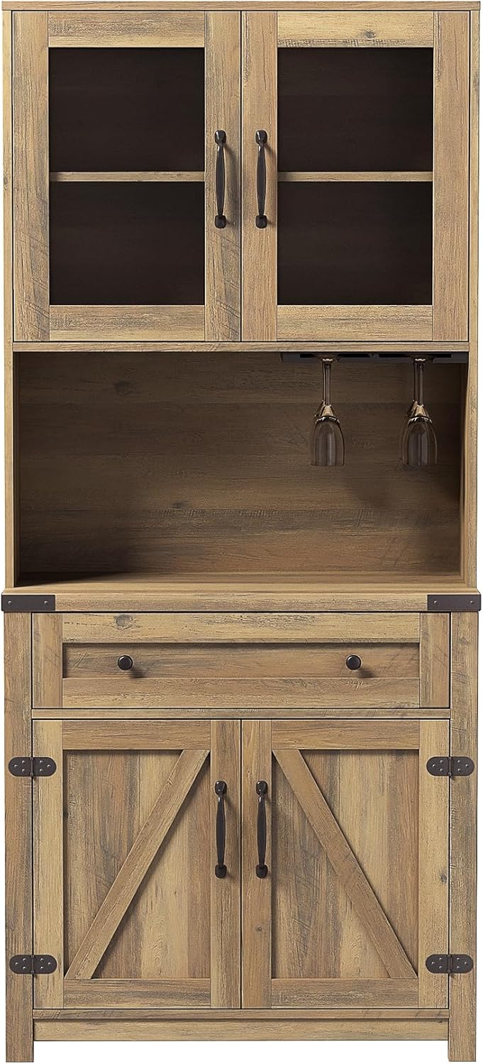 Farmhouse Bar Cabinet,Wooden Tall Wine Rack Kitchen Hutch Storage Cabinet Buffet Sideboard Cabinet Double Barn Door Accent Bar Cabinet with Goblet Holder for Home Kitchen,Dining Room