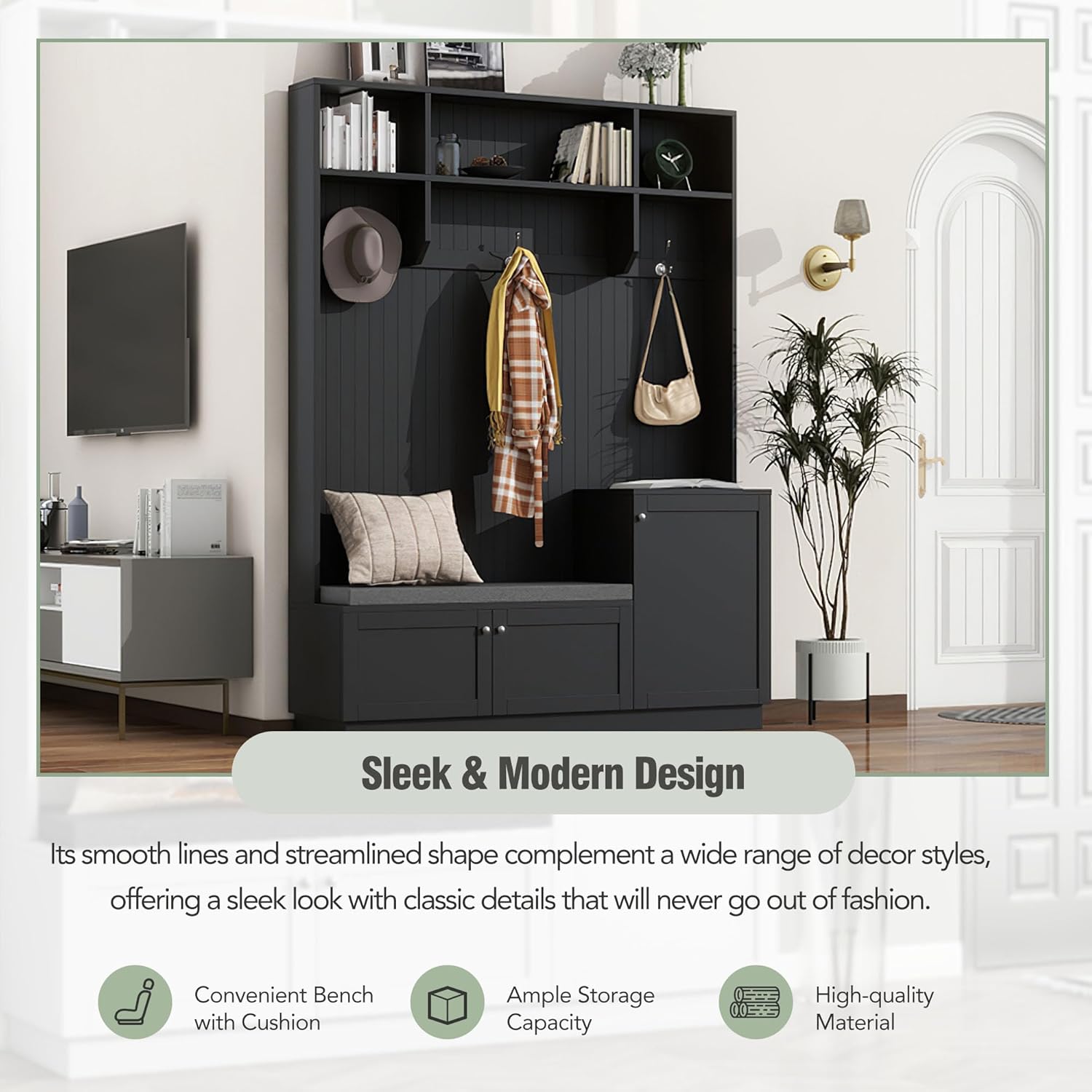 Entryway Hall Tree with Bench&cushion and Shoe Storage, Modern Elegant Design Shoe Cabinet Coat Rack with 3 Hooks for Hallway, Living Room, Black