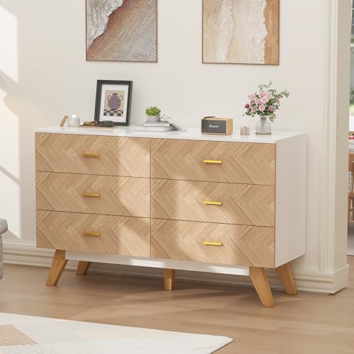 6 Drawer Dresser for Bedroom, Rustic Brown Wooden Double Dresser, Wide Dressers & Chests of Drawers, Large Storage Organizer Cabinet for Hallway, Burlywood&White