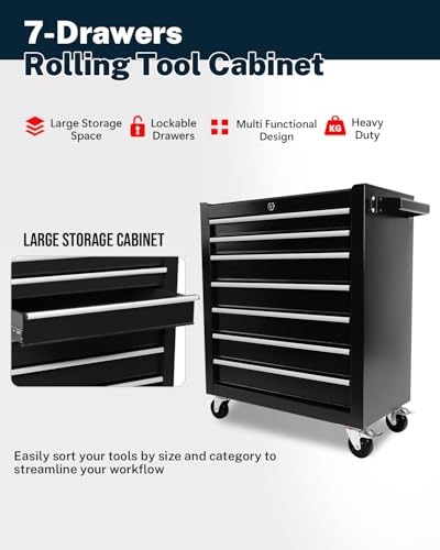 Heavy-Duty 7-Drawer Rolling Tool Chest with Wheels, Steel Tool Storage Cabinet with Lock & Liner for Workshop for Workshop/Garage - Includes 7 Organizer Boxes, Black