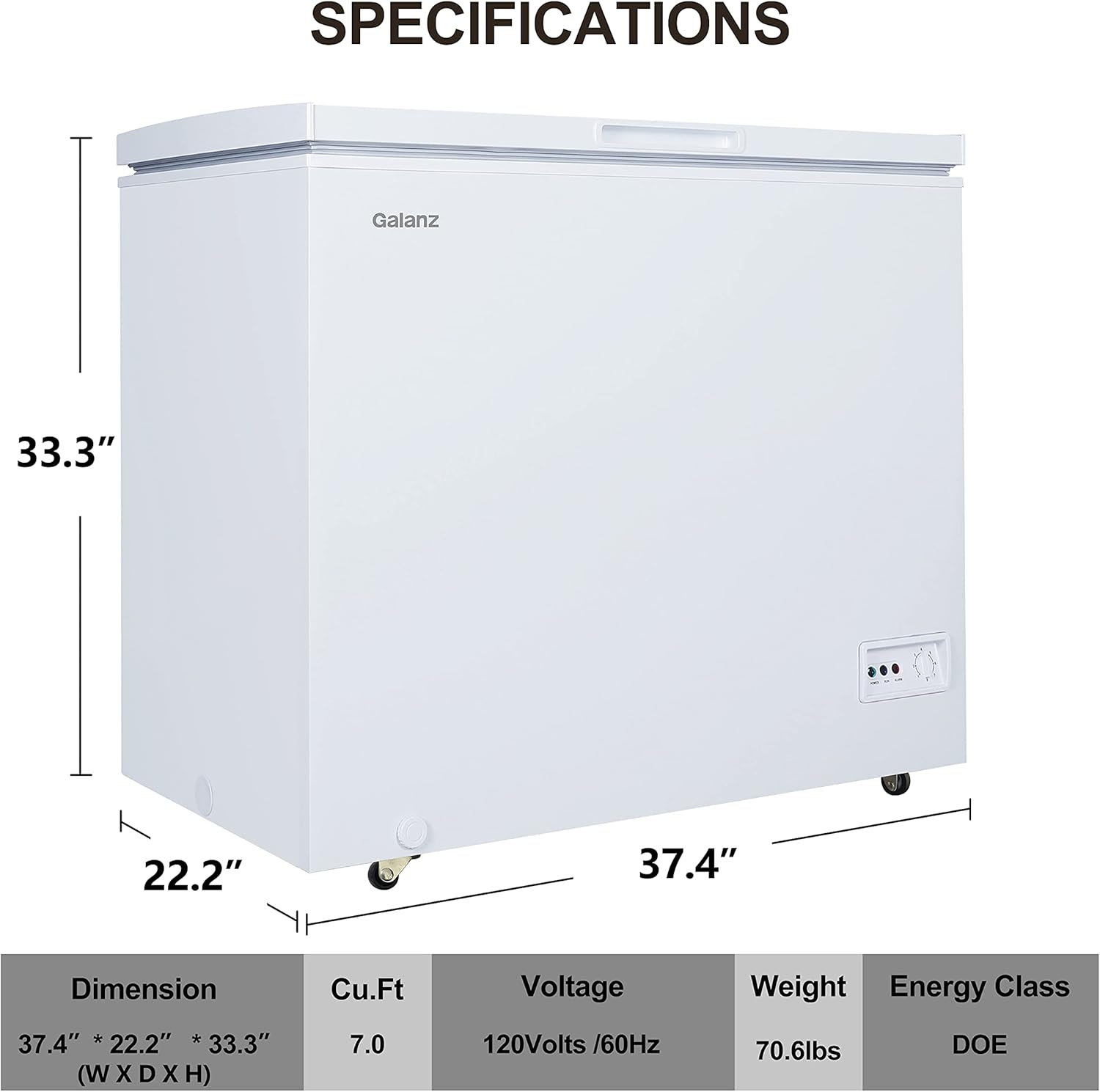 Galanz GLF70CWED01 Manual Defrost Chest Freezer, Mechanical Temperature Control, White, 7.0 Cu Ft