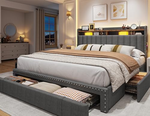 EnHomee Full Bed Frame with 3 Drawers,Queen Size Bed Frame with 2-Tier Storage Headboard, Upholstered Platform Bed Frame Queen Size with Storage,Wood Slats Support,No-Noise, Easy Assembly,Grey