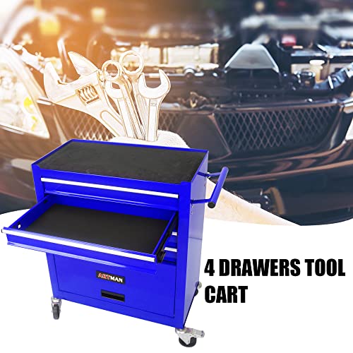 Rolling Tool Chest on Wheels, 4-Drawer Metal Tool Cart with Cabinet, Large Tool Cart for Garage, Warehouse, Workshop, Repair Shop