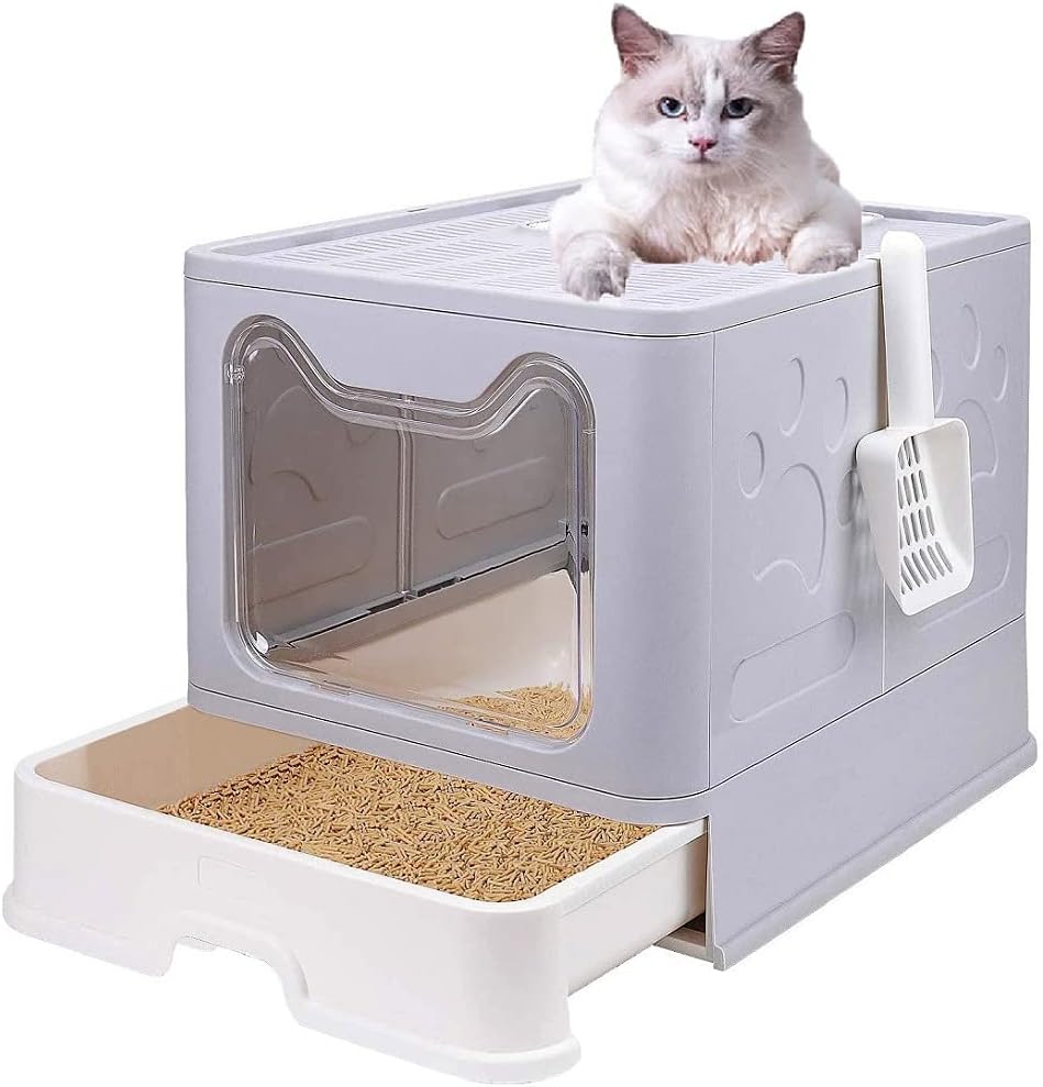 OCDAY Large Cat Litter Box with Lid, Foldable Cat Litter Box ​with Cat Litter Scoop, Drawer Type Cat Litter Pan Easy to Scoop & Clean, Self Cleaning Cat Litter Box