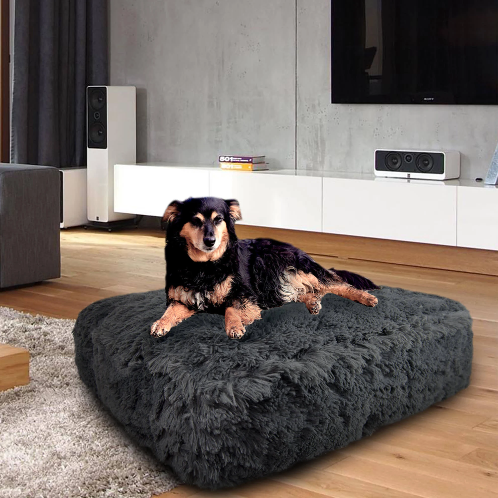 Bessie and Barnie Wolfhound Grey Luxury Shag Extra Plush Faux Fur Rectangle Pet/Dog Bed, Size: Large - 46 inch x 35 inch