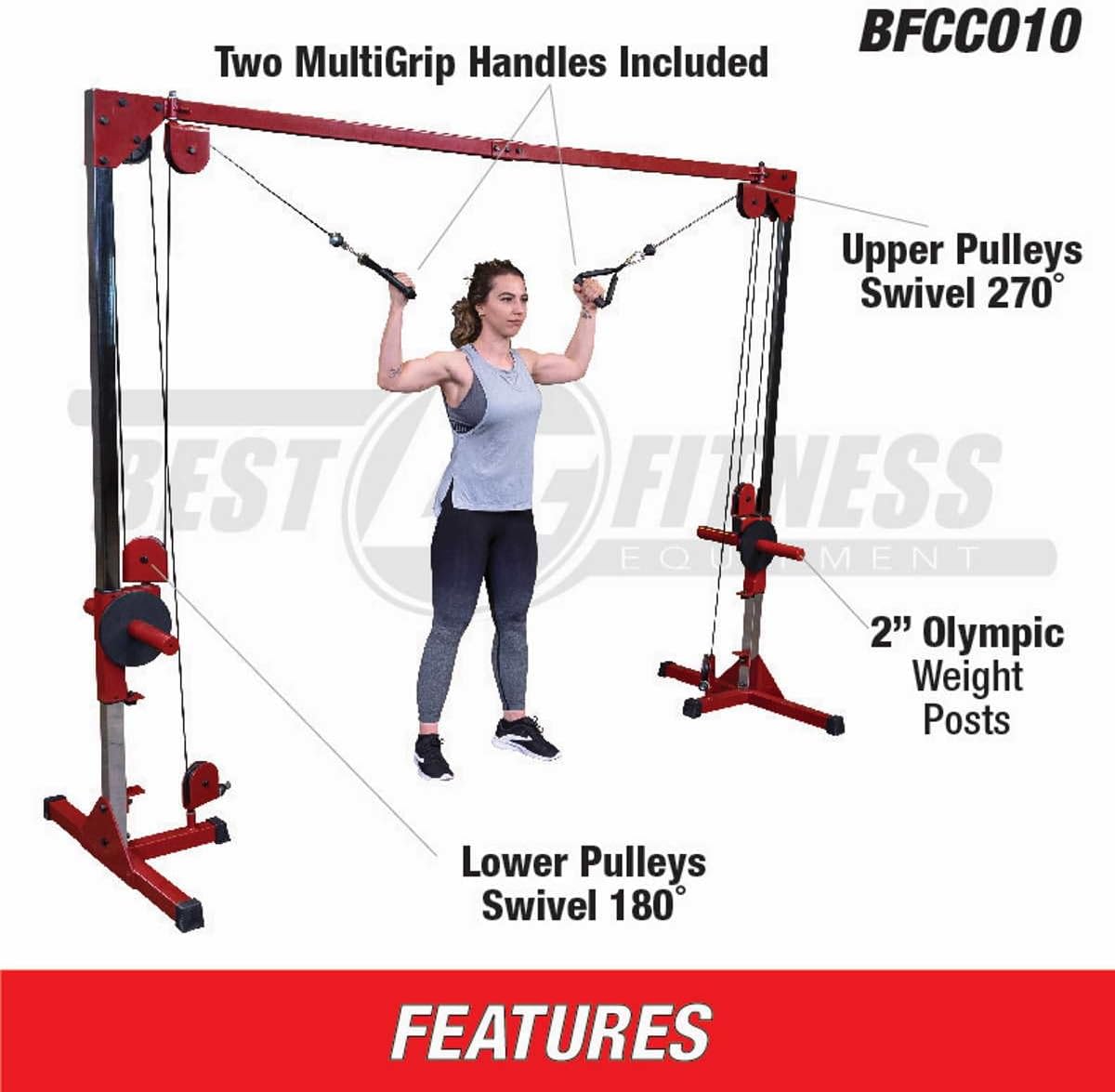 (BFCCO10) Cable Crossover Exercise Machine, 2" Olympic Sized Weight Carriage Dual Pulley Cable Machine for Strength Training, Red