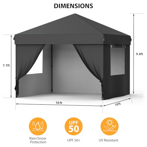 Grey 10x10 Pop Up Canopy with 4 Removable Sidewalls and Windows, 3 Adjustable Heights Commercial Shelter, Portable Enclosed Instant Tent with Wheeled Carry Bag, Waterproof Outdoor Gazebo