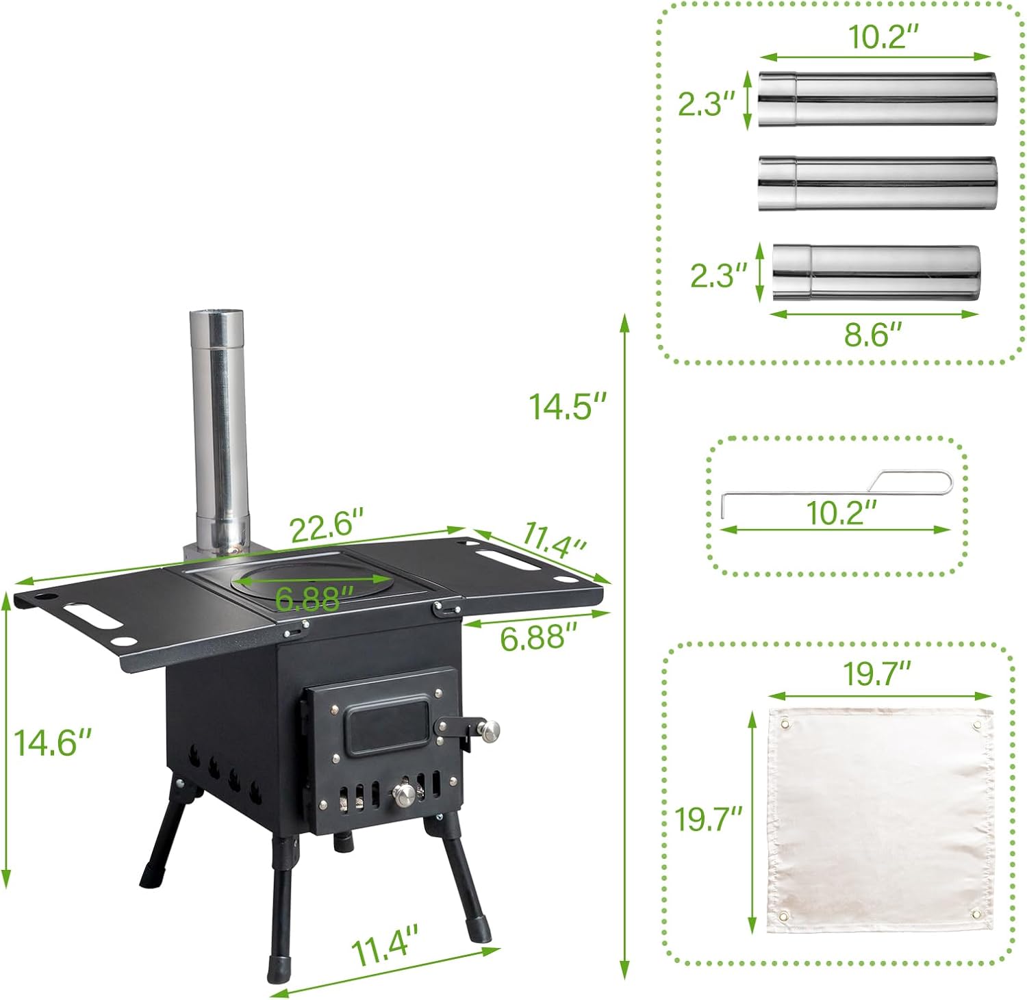 Camping Wood Stove, Outdoor Portable Tent Wood Burning Stove with Stainless Chimney Pipes, Tent Stove Jack & Gloves for Outdoor Camping Cooking and Heating