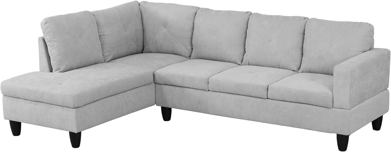 97" L-Shaped Corner Sofa with Left Chaise & Movable Storage Ottoman, 6 Seat Flannelette Fabric Sectional Couch, Wood Legs & Frame, Modern Modular Sofa&Couches for Living Room, Apartment