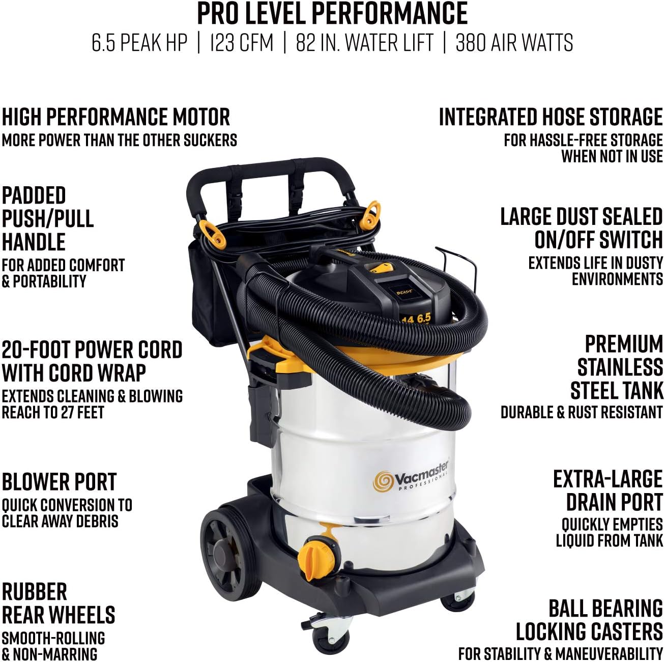 Vacmaster - Beast Professional Series 14 Gal. 6.5 HP Steel Tank Wet/Dry Vac with Cart & Workshop Wet Dry Vacuum Accessories WS25022A Extra Long Wet Dry Vacuum Hose