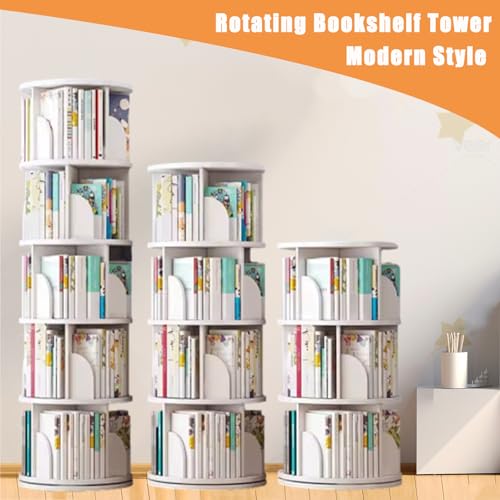 Rotating Bookshelf Tower,3/4/5 Tier Round Bookshelf Rotating Bookcase,Solid Wood Floor Standing Book Storage Rack,Spinning Bookshelf Tower for Bedroom Classroom Playroom(5 Tier, White)