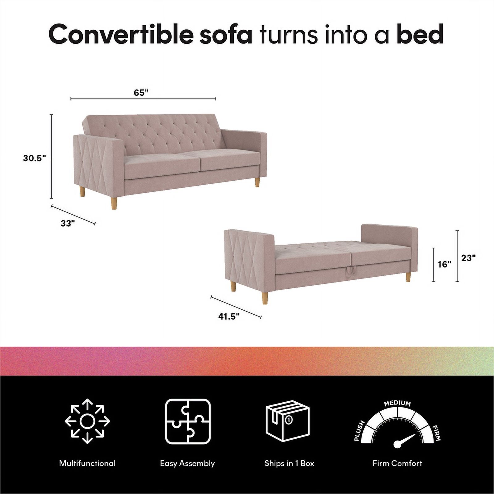Pemberly Row Contemporary Futon with Storage in Blush Velvet