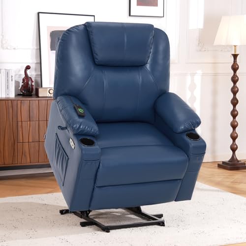 MCombo Power Lift Recliner Chair for Elderly, Lift Chair with Heat and Massage, FSC Certified, USB Ports, Cup Holders, Faux Leather 7040 (Black, Medium)