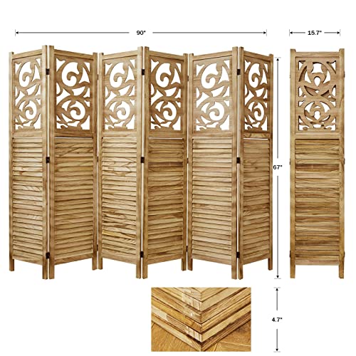 Room Divider Wood Carved Wall Divider Indoor Folding Portable Partition Screen for Home Office Garden Terrace - 6 Panel, 67 * 90inch (Dark Brown)