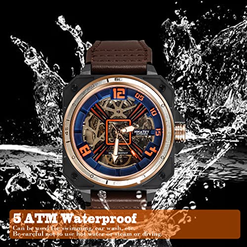 Automatic Skeleton Watches for Men, Luxury Skeleton Mechanical Dress Watch Self Winding, Waterproof Automatic Skeleton Watches for Men, Leather Strap Wrist Watches