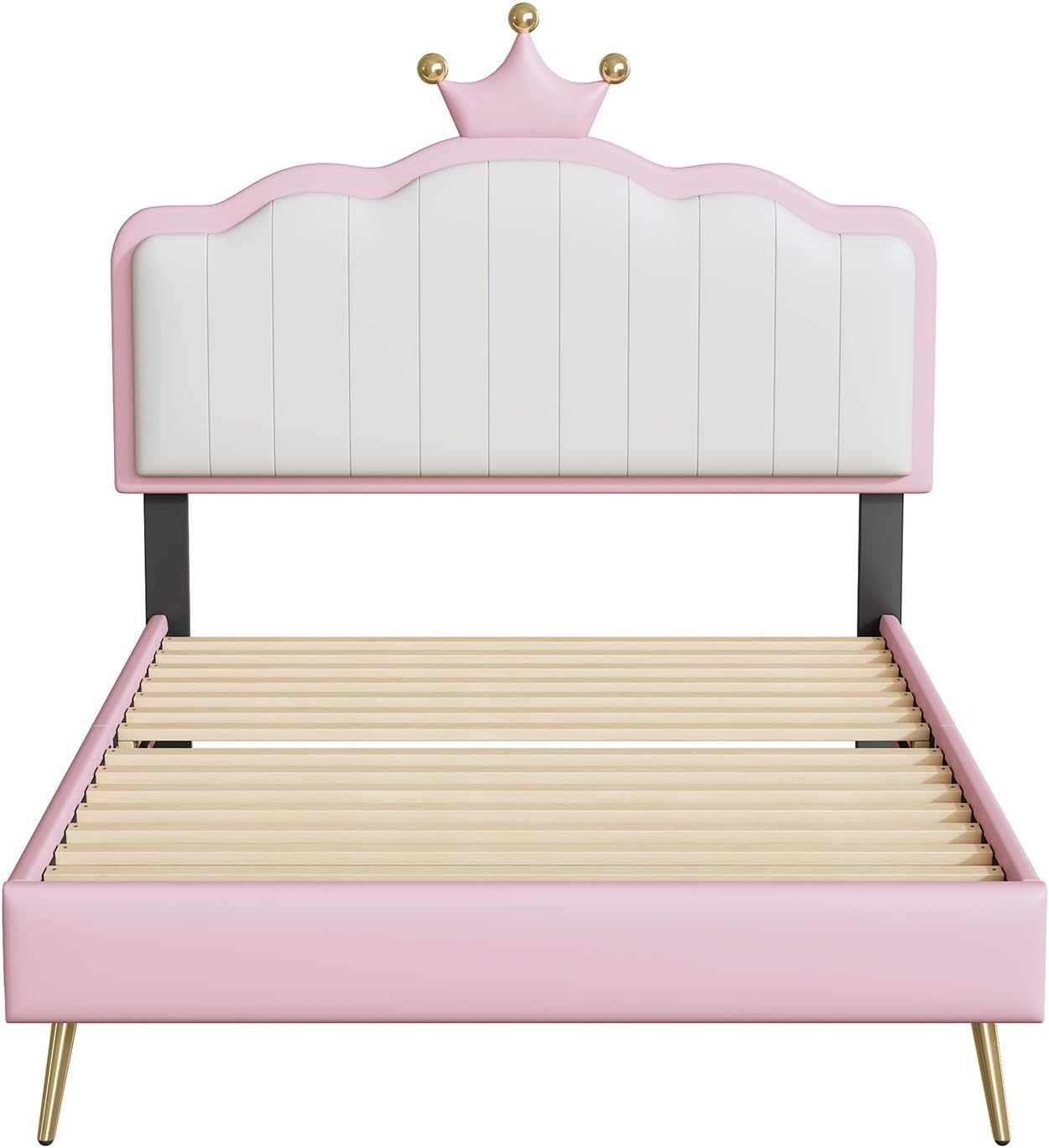 P PURLOVE Twin Upholstered Platform Bed with Light Strips and Golden Metal Legs, Wooden Platform Bed Frame with Footboard and Crown Headboard, PU Leather Princess Bed for Girls (White and Pink)