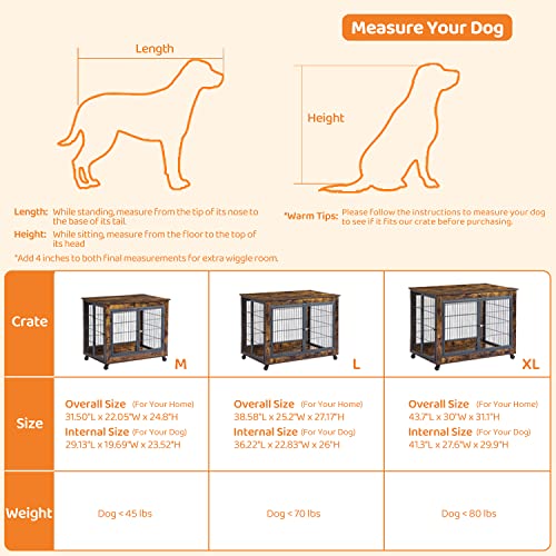IchbinGo Wooden Dog Crate Table Furniture, 38.5" Dog Kennel with 3 Doors, Flip-up Top Opening and Wheels, Decorative Pet Crate Dog House for Large/Medium/Small Dog Indoor Use (Rustic Brown)