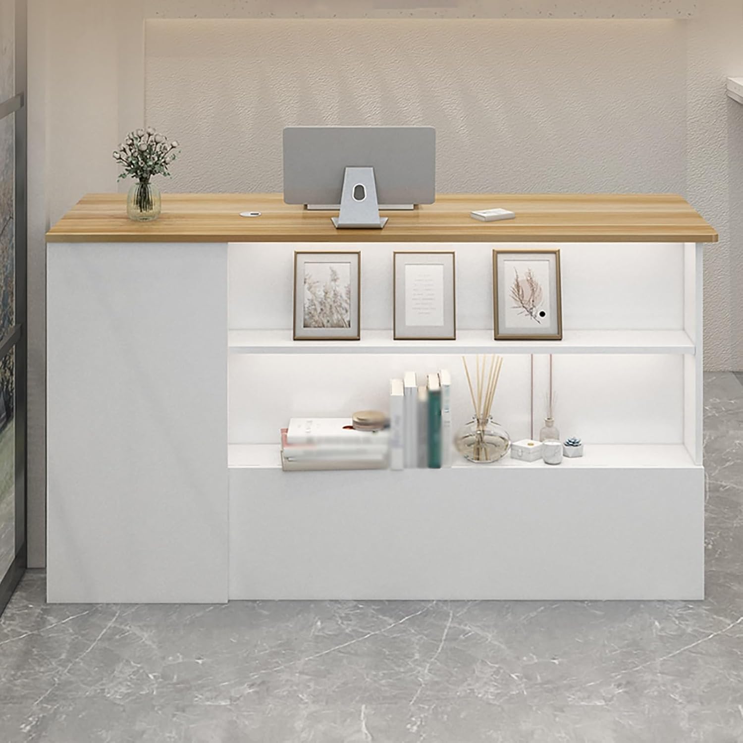 Reception Desk with Counter, Front Desk Reception Counter, Retail Counter Display Shelf & Lockable Drawers, Checkout Counter, for Salon Reception Room Checkout Office (E 2)