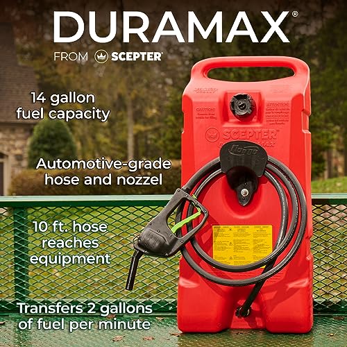 Scepter Flo N' Go Duramax 14 Gallon Portable Diesel Gas Fuel Tank Container Caddy with LE Fluid Transfer Siphon Pump and 10-Foot Long Hose, Yellow