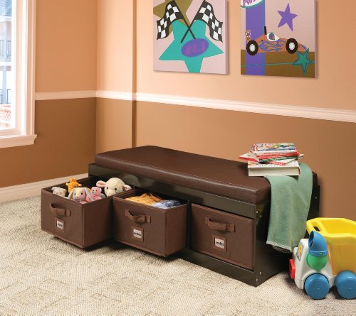 Badger Basket Kid's Padded Toy Storage Bench with Cushion and Three Fabirc Bins - Gray