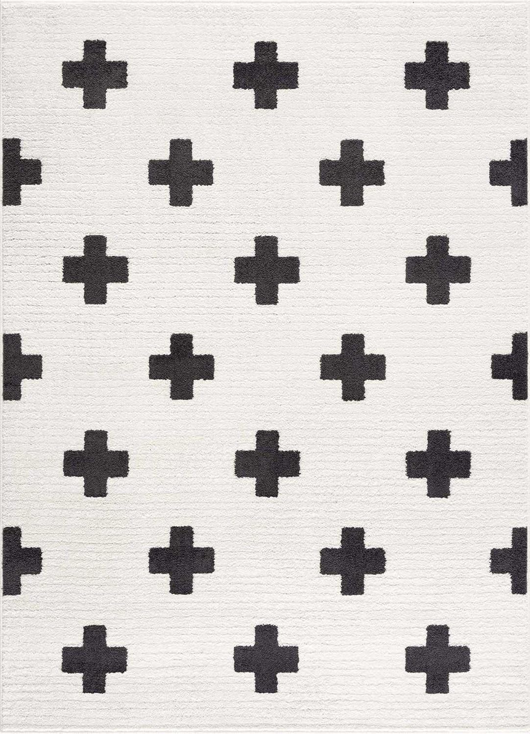 Hauteloom Erath Soft High Pile Living Room Bedroom Area Rug - Swiss Cross Bohemian Farmhouse Carpet - Black White - 7'10" x 10'3"