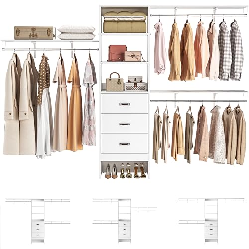 Armocity 120 Inches Closet System, 10FT Walk In Closet Organizer with 3 Shelving Towers, Heavy Duty Clothes Rack with 3 Drawers, Built-In Garment Rack, 120" L x 16" W x 75" H, Load 1300 LBS, White Oak