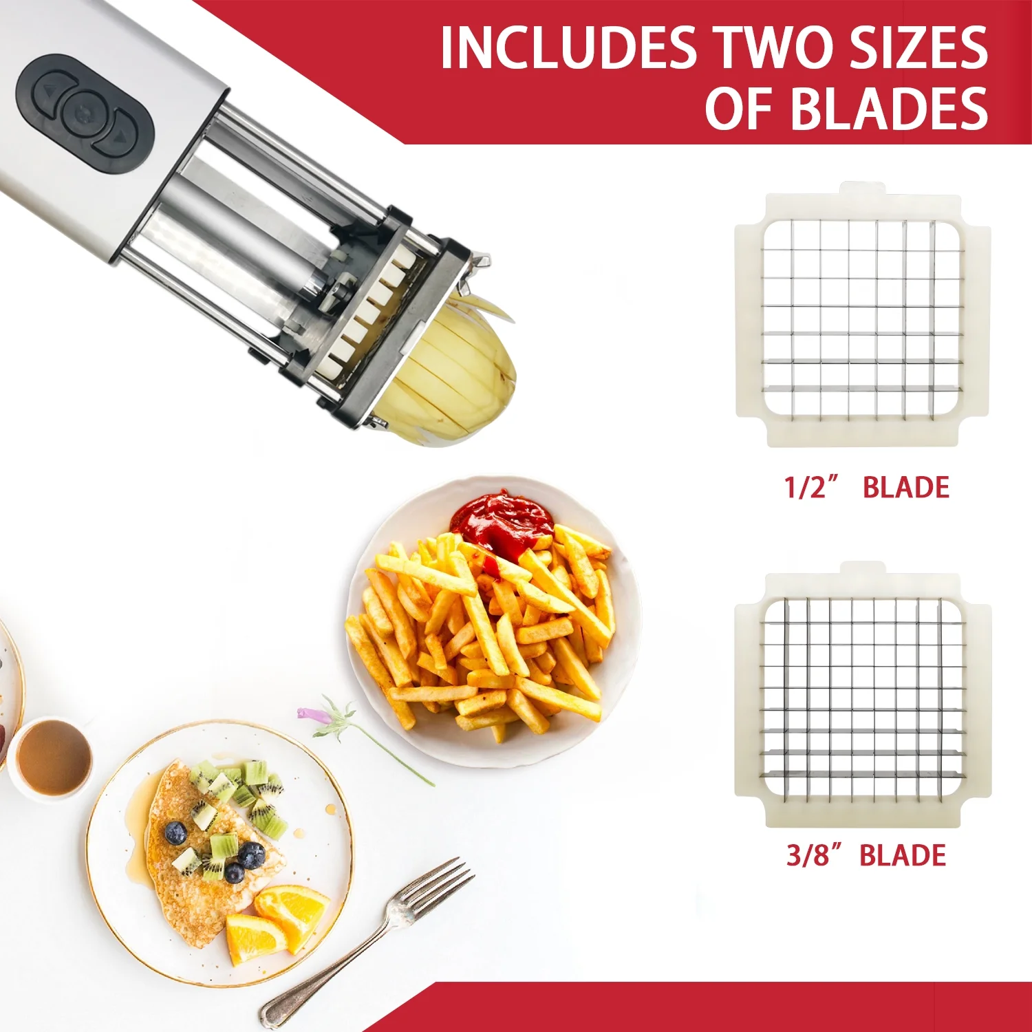 Fstcrt Electric French Fry Cutter, Professional potato slicer, French fry cutter stainless steel with 1/2-Inch & 3/8-Inch blade, Electric potato cutter, Suitable for potatoes, carrots, apples, etc
