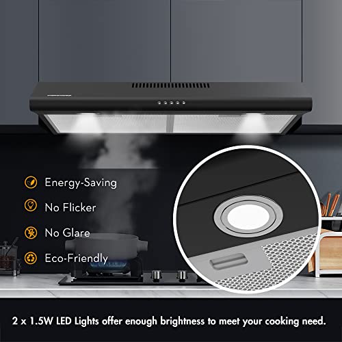 FIREGAS 30 inch Range Hood Under Cabinet, Ducted/Ductless Convertible Stainless Steel Kitchen Range Hood with Rocker Button Control, 2 Speed Exhaust Fan, 300 CFM Aluminum Filter Included