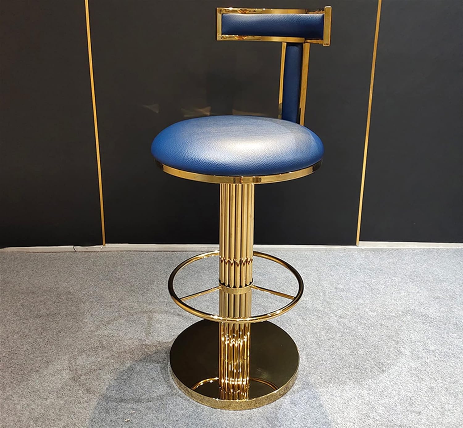 Modern and Fashionable High-end Bar Stools with Backrest 360-degree Rotating Bar Stools Stainless Steel Microfiber Leather Household Creativity 45X68X95CM (Champagne Gold + Blue)