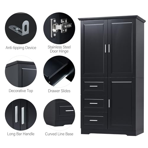 Polibi Tall Storage Cabinet, Modern Freestanding Pantry with 3 Doors, Adjustable Shelves and 3 Storage Drawers for Kitchen/Bathroom/Living Room/Office, White