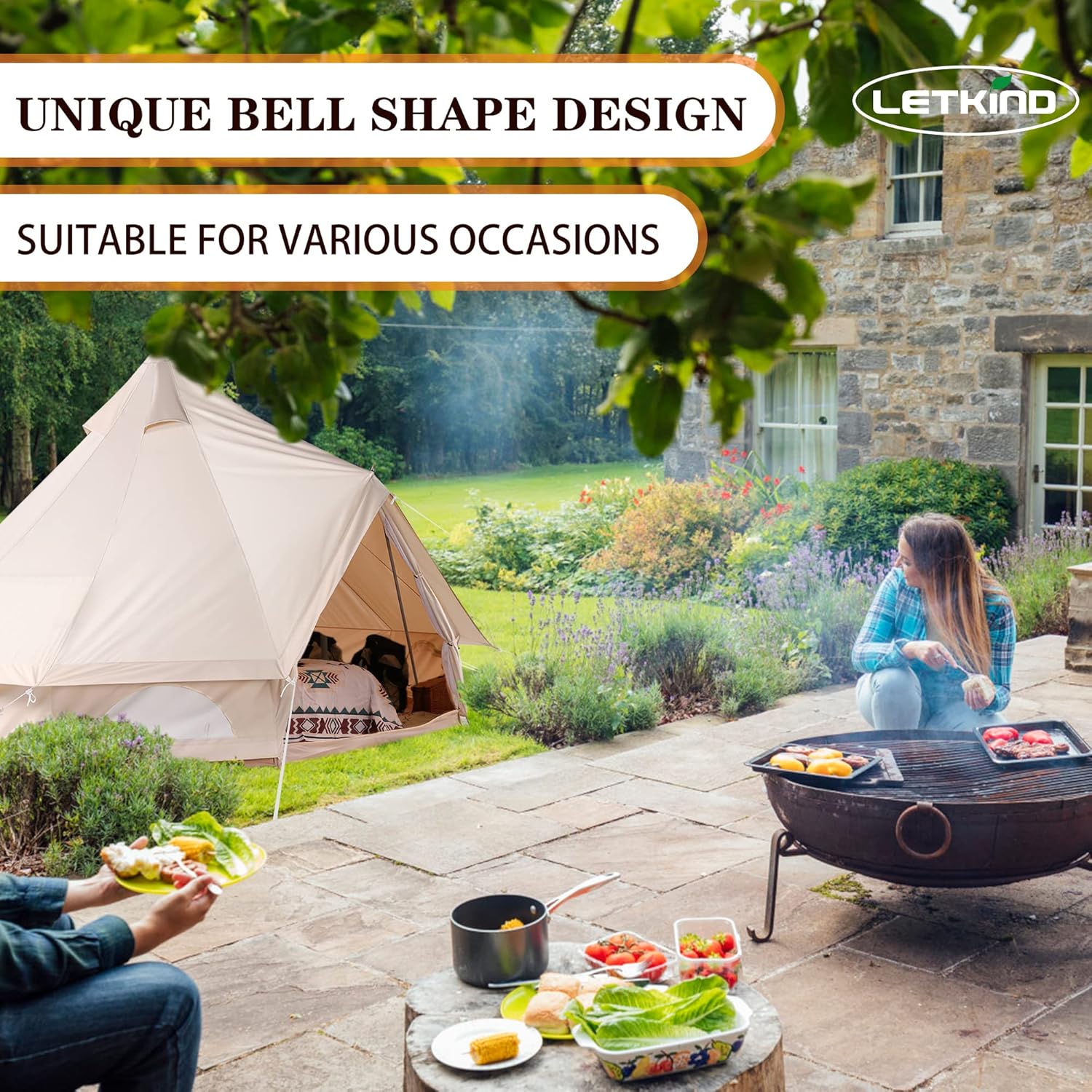 Canvas Tent with Stove Jack, 4 Season Waterproof Camping Tent 4/6 Person Luxury Outdoor Glamping Yurt for Camping, Cotton Bell Tent for Winter Camping for Hunting Party
